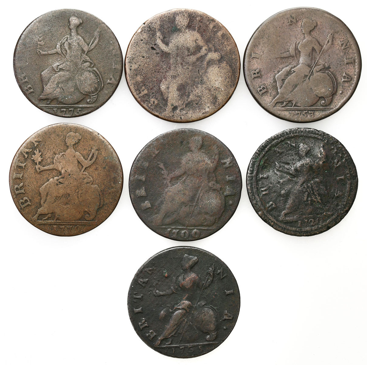 Wielka Brytania. Halfpenny 1700-1775, zestaw 7 monet